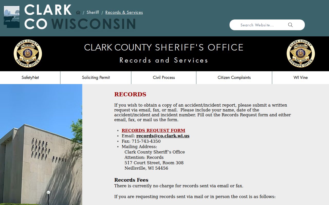 Clark County criminal records request and sheriff fee information