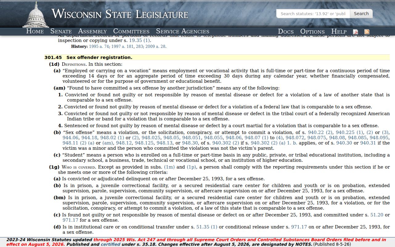 Clark County sex offender lookup Wisconsin registration statute